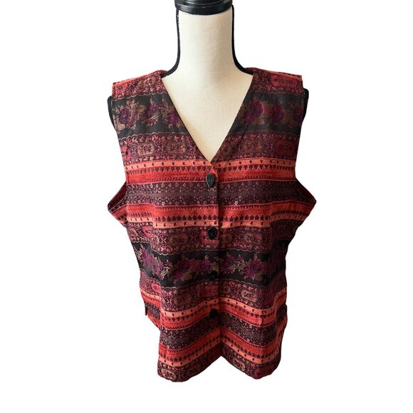 Christopher & Banks Vintage Boho Floral Striped Tapestry Button-Front Vest - Picture 1 of 8